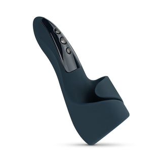 Boners Elektrisk Masturbator är en mörkblå penisvibrator i silikon med kontrollknappar, en elegant och vattentät sexleksak, som visas på en vit bakgrund.