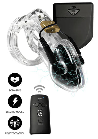 Electro Cock Cage är en transparent enhet med elektroder, lås, fjärrkontroll och ikoner för säkerhets- och elektrolägen - perfekt för dominans- och underkastelselek eller stimulering med elektrisk penisbur.