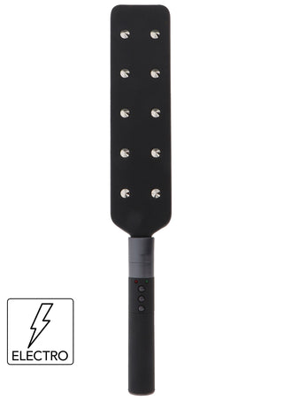 Elektro Paddel Svart: svart paddel med metalldubbar och kontrollknappar på handtaget, märkt "ELECTRO" med blixtsymbol. Perfekt BDSM-leksak för dig som vill utforska intensiv elektrostimulans.