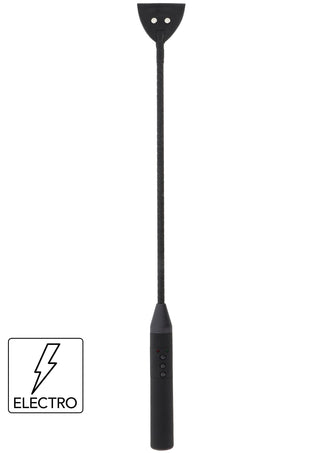 Electro Ridpiska Svart - svart USB-uppladdningsbar elektrisk ridpiska med knappar på handtaget, ELECTRO-märke och blixtikon i hörnet.