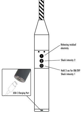 Schematisk bild av Electro Ridpiska Svart, en handhållen, USB-laddningsbar enhet med märkta knappar och en USB-C-laddningsport, avsedd för elektrostimulering.