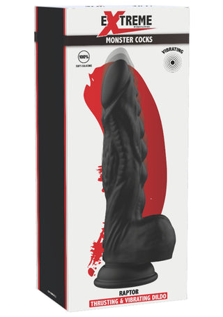 Svart vibrerande silikondildo med design inspirerad av en raptor och sugkopp i botten.