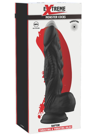 Svart vibrerande silikondildo med design inspirerad av en raptor och sugkopp i botten.