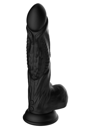Svart silikondildo med ådror och sugkopp, som står upprätt mot en vit bakgrund.