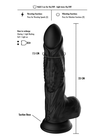 Svart silikondildo med en form inspirerad av en raptor, sugfot, 23 cm x 7,5 cm, med vibrations- och stötfunktioner.