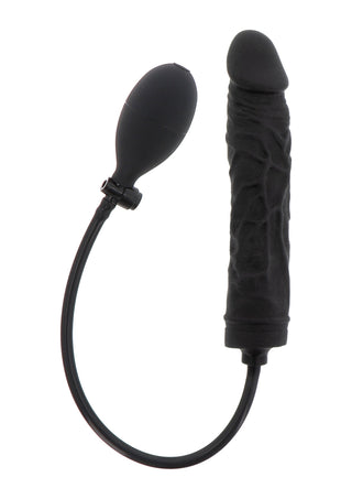 PumpUp Inflatable Dildo är en svart, fallisk formad vuxenleksak gjord av texturerat silikon, med en röransluten handhållen pump för exakt manuell uppblåsning.