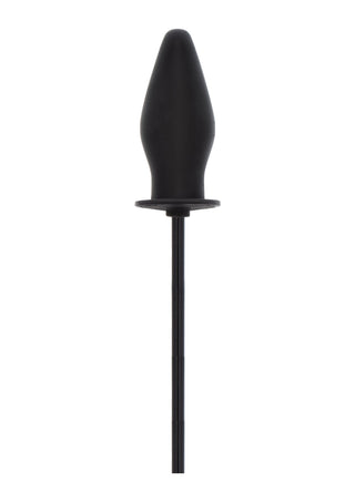 Svart, lång analplugg i silikon med uppblåsbar design, avbildad mot vit bakgrund.