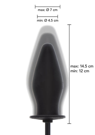 Svart uppblåsbar analplugg i silikon, diameter 4,5–7 cm, längd 12–14,5 cm, med den släta, avsmalnande designen som visas på bilden.