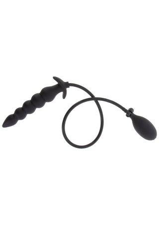 Uppblåsbar analplugg med svarta pärlor, tillverkad av silikon, med en luftpump och en flexibel uppblåsningsslang.