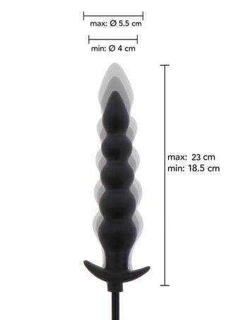 Svart, ribbad, uppblåsbar analplugg i silikon, 23 cm lång med en diameter på 4–5,5 cm, minsta längd 18,5 cm.