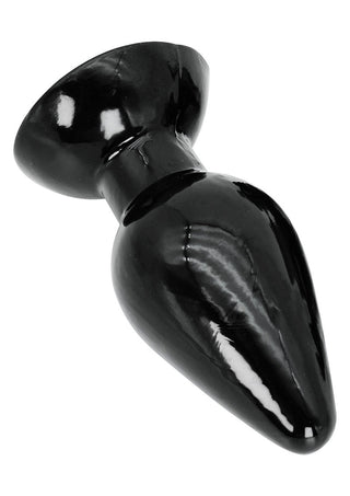 Extreme Smooth Buttplug är en svart, glansig analplugg med bred bas, tillverkad av kroppssäker PVC. Dess koniska form och släta, reflekterande yta framhäver dess eleganta design.