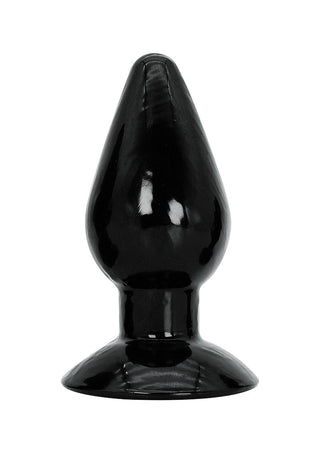 Extreme Smooth Buttplug är en stor, svart analplugg tillverkad av kroppssäker PVC, med en avsmalnande spets och bred platt bas som står upprätt mot en vit bakgrund.