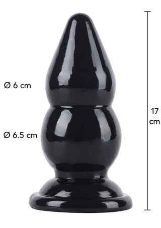 Svart, kulformad analplugg i silikon, 17 cm hög, 6–6,5 cm i diameter, med bred bas.