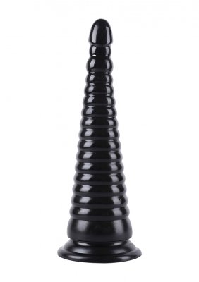Desire Extreme Anal Cone XXL är ett svart, konformat föremål med en räfflad design och en platt bas, tillverkad av kroppssäker PVC, mot en vit bakgrund.