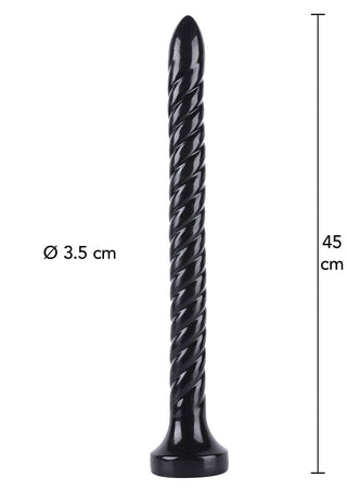 Extreme Anal Serpent XXXL 45cm är ett elegant svart cylindriskt föremål tillverkat av kroppssäker PVC, som är 45 cm högt med en diameter på 3,5 cm och har en spiralformad yta för extra intriger.