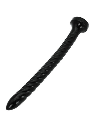 Extreme Anal Serpent XXXL 45cm är en svart, vriden stav tillverkad av kroppssäker PVC med spiralformad yta och en utsvängd bas för säkerheten.