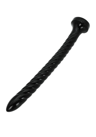 Extreme Anal Serpent XXXL 45cm är en svart, vriden stav tillverkad av kroppssäker PVC med spiralformad yta och en utsvängd bas för säkerheten.