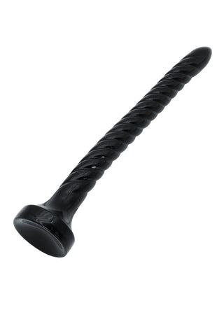 Extreme Anal Serpent XXXL 45cm, en svart PVC-stav med spiralstruktur och rundat handtag, isolerad på vit bakgrund.