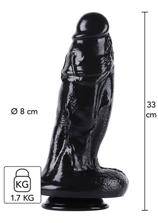 Svart silikondildo, 33 cm lång, 8 cm bred, realistisk ytstruktur, med sugfot.