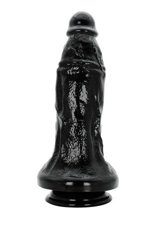 En glansig, svart och realistisk silikondildo, 33 cm lång, med bred bas, som står upprätt mot en enfärgad vit bakgrund.