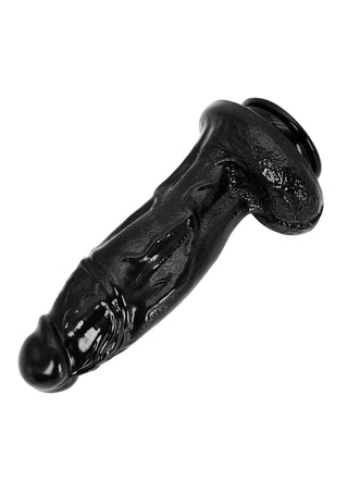 Svart silikondildo, 33 cm lång, med strukturerad yta och sugfot, avbildad mot en vit bakgrund.