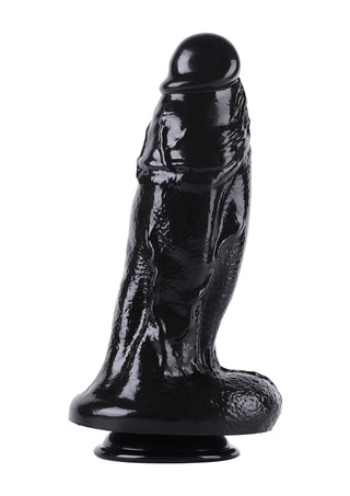 Svart silikondildo, 33 cm lång, med strukturerad yta och sugkopp i botten, avbildad mot en enfärgad vit bakgrund.