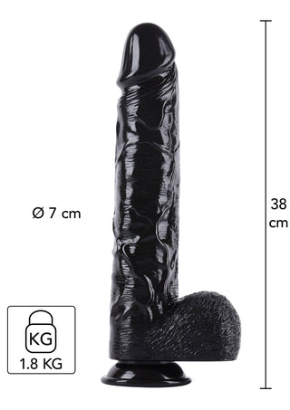 Stor svart silikondildo med sugfäste, slät skaft och rundad spets, avbildad mot en enfärgad vit bakgrund.
