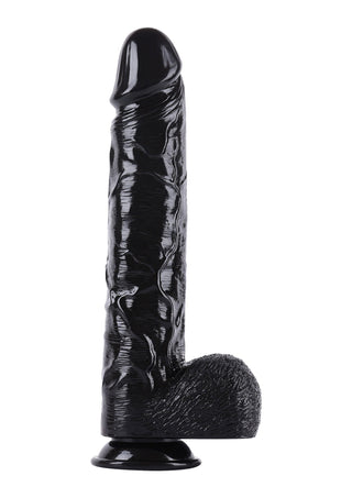 Svart, realistisk XXL-dildo, 38 cm lång, med sugkopp i botten; tillverkad av ett slätt material.