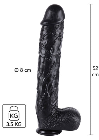 XXL Dildo 52 cm Svart PVC är en stor, svart, realistisk dildo som mäter 52 cm i längd, 8 cm i diameter och väger 3,5 kg.