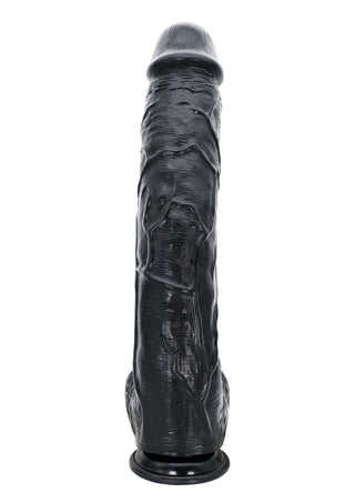 XXL Dildo 52 cm Svart PVC är en realistisk svart dildo med texturerade ådror och en robust sugbas, fotograferad på en vit bakgrund.