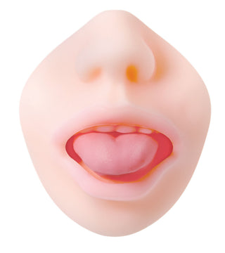En närbild av Real Mouth Masturbator Evolved, med en mjuk tunga och öppen mun, mot en vit bakgrund.