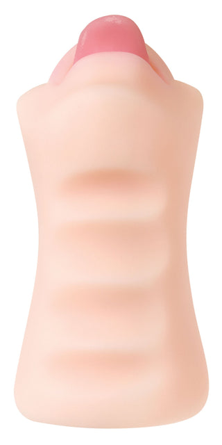Real Mouth Masturbator Evolved är en silikonleksak i hudton med mjuk tunga och rosa, rund öppning upptill för enkel rengöring.