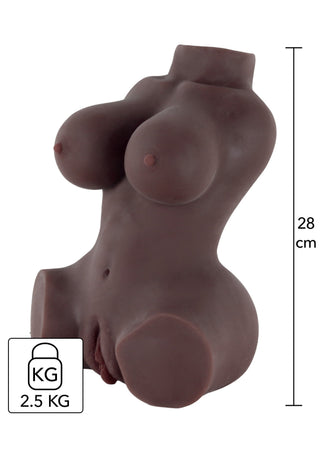 Chokladfärgad kvinnlig torso masturbator i TPE, 28 cm hög, med mätmarkörer på sidan.