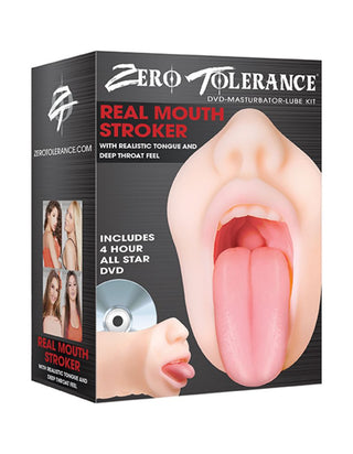 Box för Real Mouth Masturbator Evolved, med produktbild och medföljande DVD. Promotexten lyfter fram realistisk onanileksak, mjuk tunga och enkel rengöring.