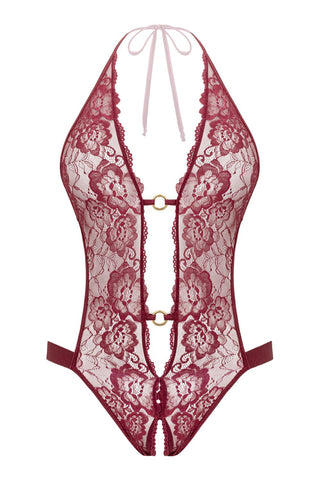 Spetsbody Basic Instinct: Burgundy spets teddy bodysuit med halterneck, blommönster, guldring accenter och öppen gren för en riktigt sexig look i spets.