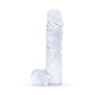 Dildo i klart glas, 18 cm, realistisk design med skulpterade detaljer, tillverkad av högkvalitativt transparent glas.