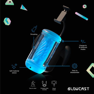 Blowcast Masturbator Automatisk är en blå, automatisk masturbator för män med en mjuk hylsa för komfort, märkta funktioner och geometriska former på en elegant svart bakgrund.