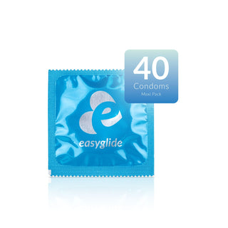 En blå EasyGlide Original Kondomer 40-pack med en etikett som visar 40 kondomer, med latexkondomer i anatomisk form för komfort och tillförlitlighet.