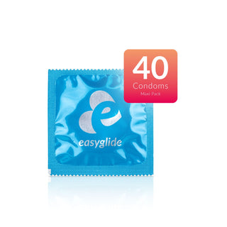 Blå EasyGlide Ribs & Dots Kondomer 40-pack förpackning mot vit bakgrund, märkt "40 Condoms Maxi Pack" och med anatomisk passform och lätt glidmedelsbeläggning för ökad komfort.