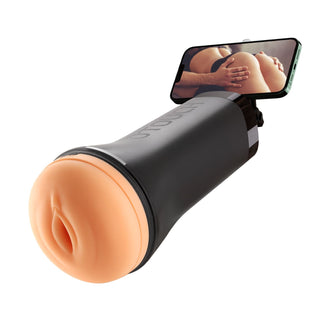 OTOUCH INSCUP-3 360° Rörelse är en svart automatisk masturbator med en realistisk vulvaöppning i TPE-material, och inkluderar en telefonhållare för erotiska videor.