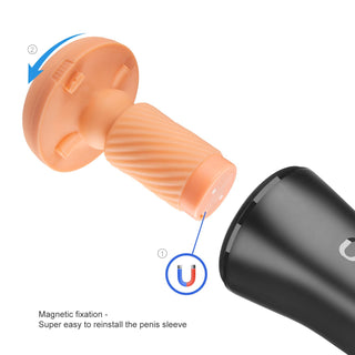 Illustration av OTOUCH INSCUP-3 360° Rörelse med magnetfäste för en texturerad silikonhylsa och svart enhetshus, med automatisk masturbator och thrust-funktion för ökad upplevelse.