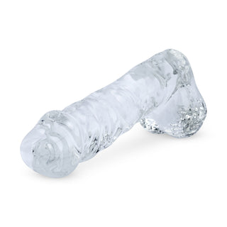 Glasdildo, 18 cm, klart premiumglas med strukturerat skaft och markerat huvud mot vit bakgrund.