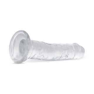 Jelly Dildo 14 cm Utan Pung - en genomskinlig, texturerad dildo i silikon med utsvängd bas ligger på en vit bakgrund.
