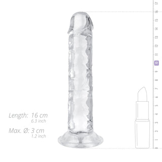 Jelly Dildo 14 cm Utan Pung, en genomskinlig gelédildo med sugpropp, mäter 14 cm i längd och visas bredvid ett läppstift för storleksjämförelse.