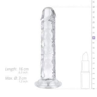 Jelly Dildo 14 cm Utan Pung, en genomskinlig gelédildo med sugpropp, mäter 14 cm i längd och visas bredvid ett läppstift för storleksjämförelse.