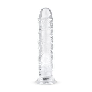 Den genomskinliga Jellydildo 20 cm, fallosformad med en robust bas, står upprätt mot en vit bakgrund.