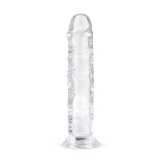 Den genomskinliga Jellydildo 20 cm, fallosformad med en robust bas, står upprätt mot en vit bakgrund.