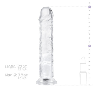 Transparent Jellydildo 20 cm, med en längd på 20 cm (7,9 in) och en maxdiameter på 3,8 cm (1,5 in), visas bredvid en storlekstabell.