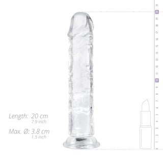 Transparent Jellydildo 20 cm, med en längd på 20 cm (7,9 in) och en maxdiameter på 3,8 cm (1,5 in), visas bredvid en storlekstabell.