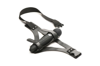 XR Brands Thunder Strap är en svart strap-on-sele med justerbara remmar och ett centralt cylindriskt dildofäste, som visas på en vit bakgrund.